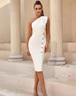 Slant Shoulder One Piece Button Split Dress S White 