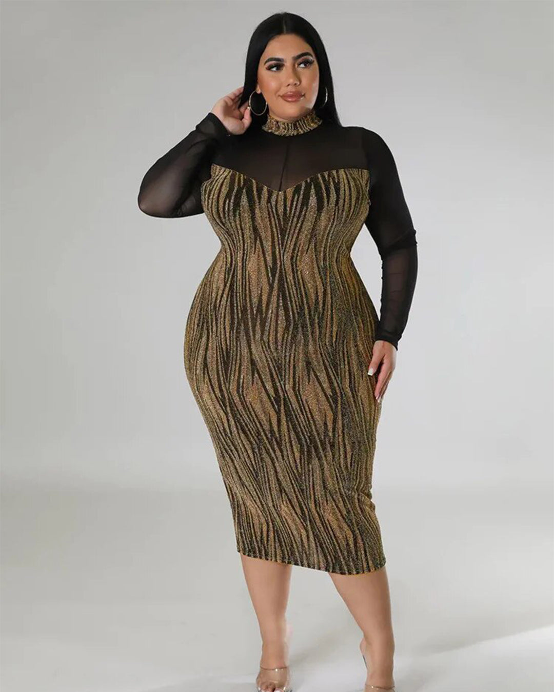 Plus Size See Through Mesh Patchwork Dress Gold L 