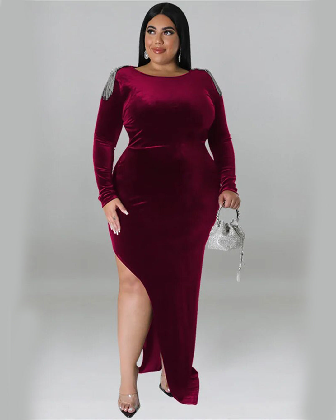 Plus Size Hollow Out Tassel Velvet Dress Deep Red XL 