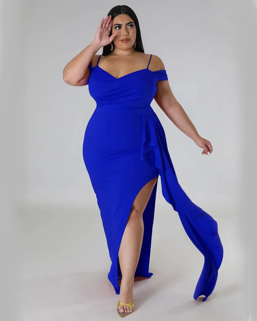 Plus Size Off Shoulder Slip Hem Dress Blue L 