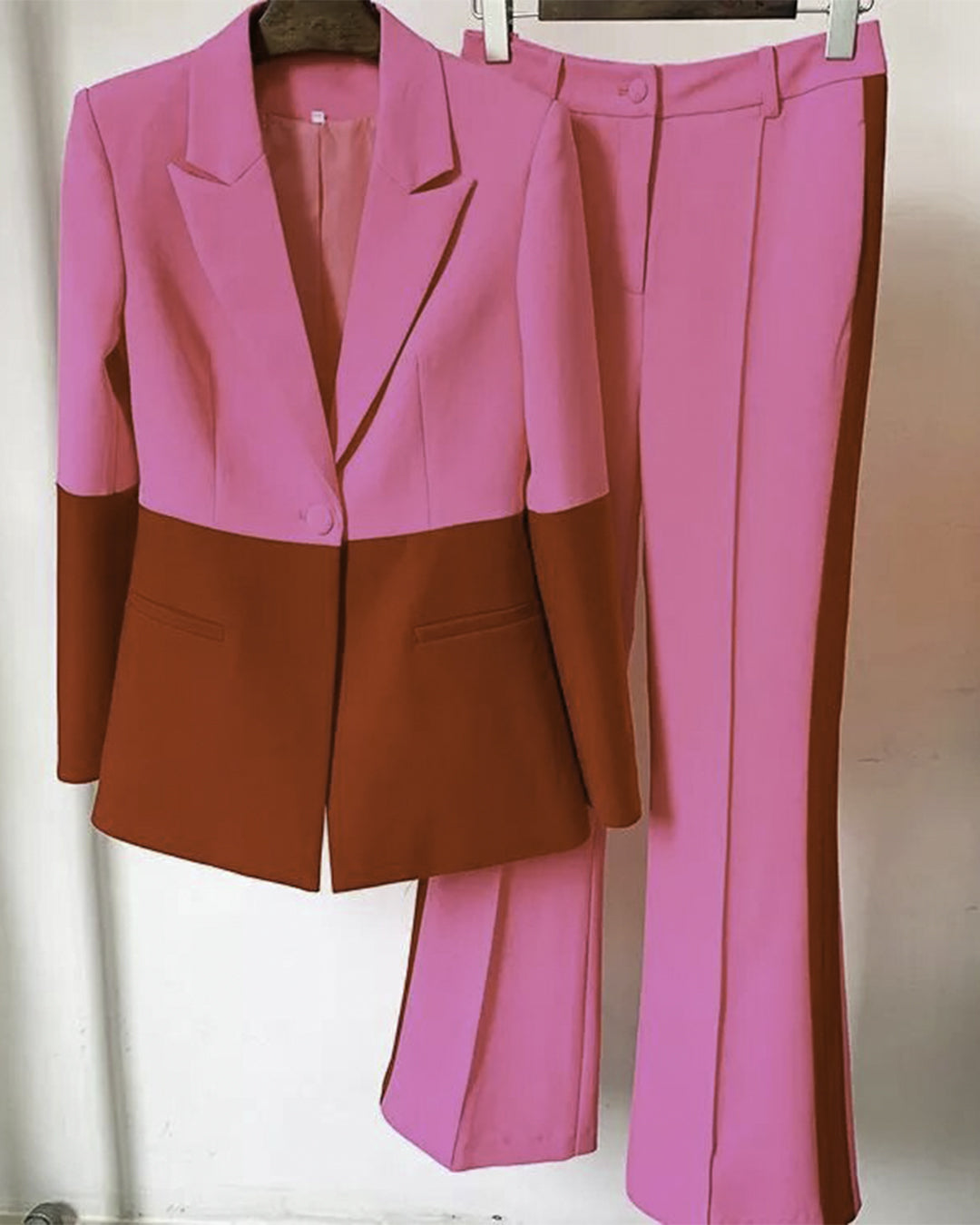 Color Block Blazer & Flare Pants Set Pink & Red S 