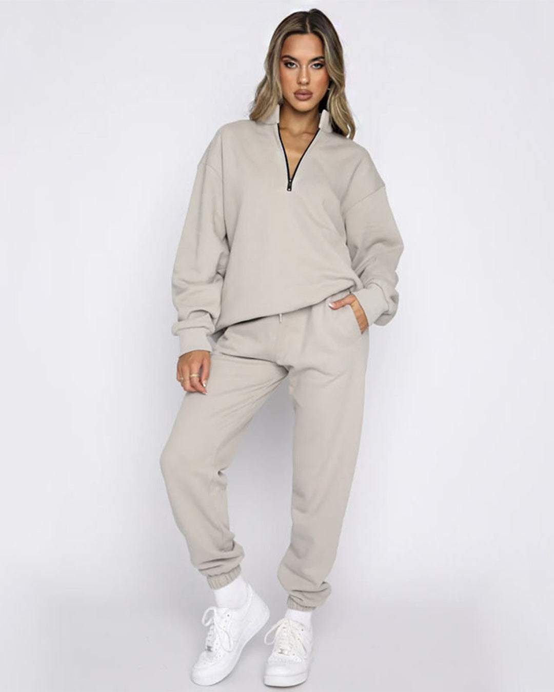 Stand Collar Sweater & Trousers Set S Light Gray 