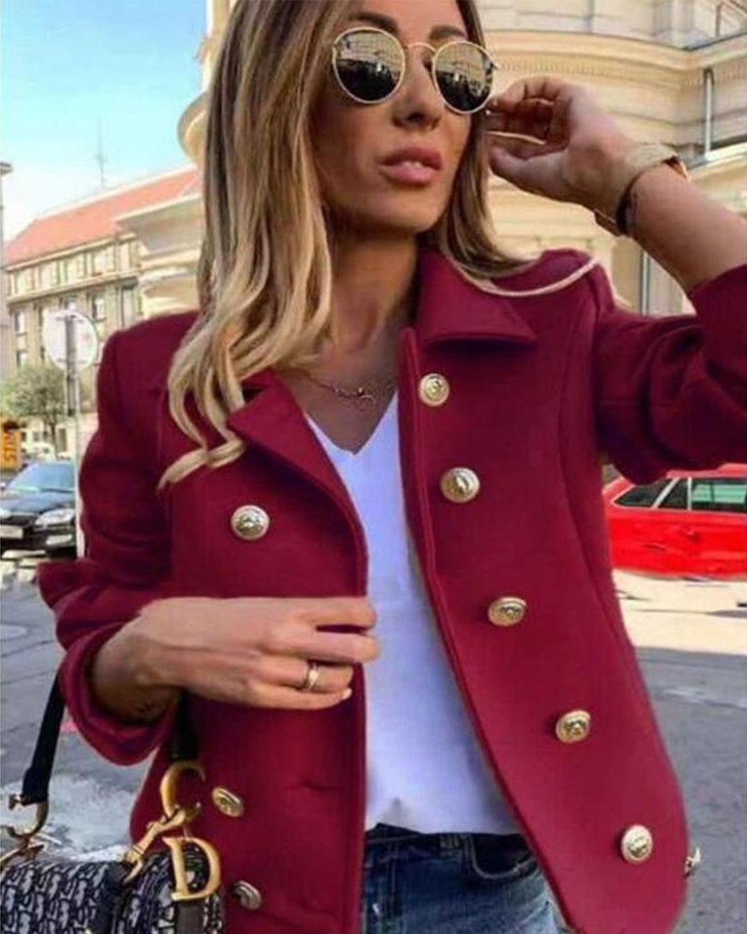 Slim Long Sleeve Double Breasted Woolen Jacket S Burgundy 