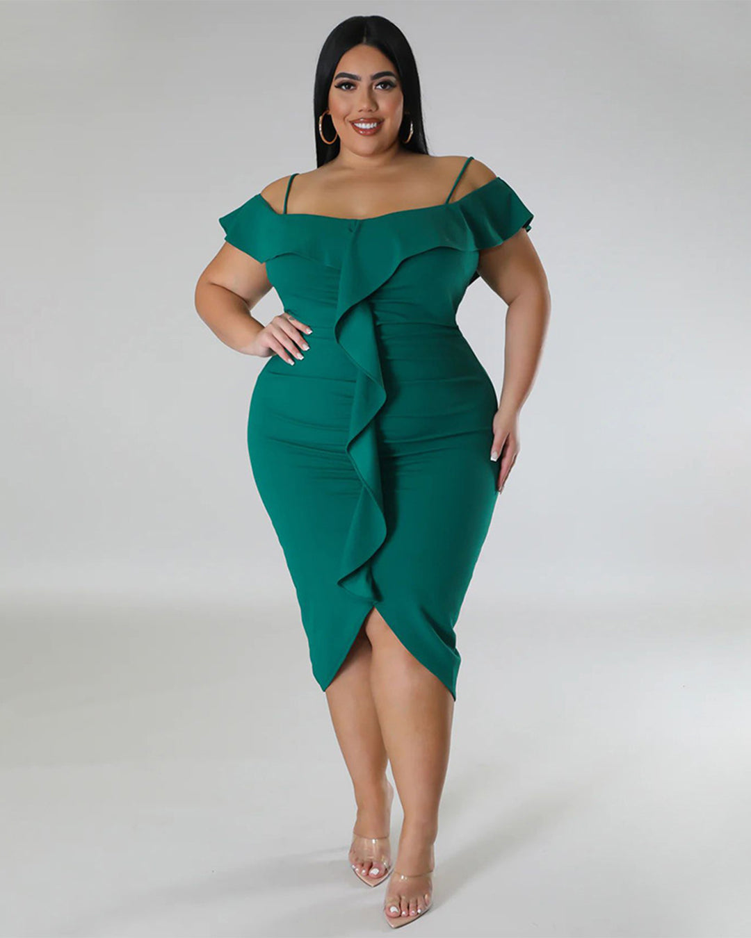 Plus Size Solid Color Off Neck Midi Dress L Green 