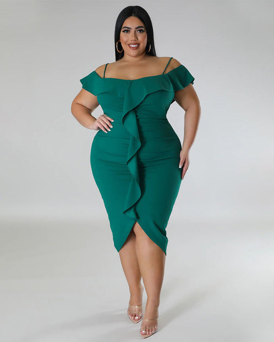 Plus Size Solid Color Off Neck Midi Dress L Green 