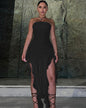 Mesh Patchwork Ruffled Slit Dress S Black 