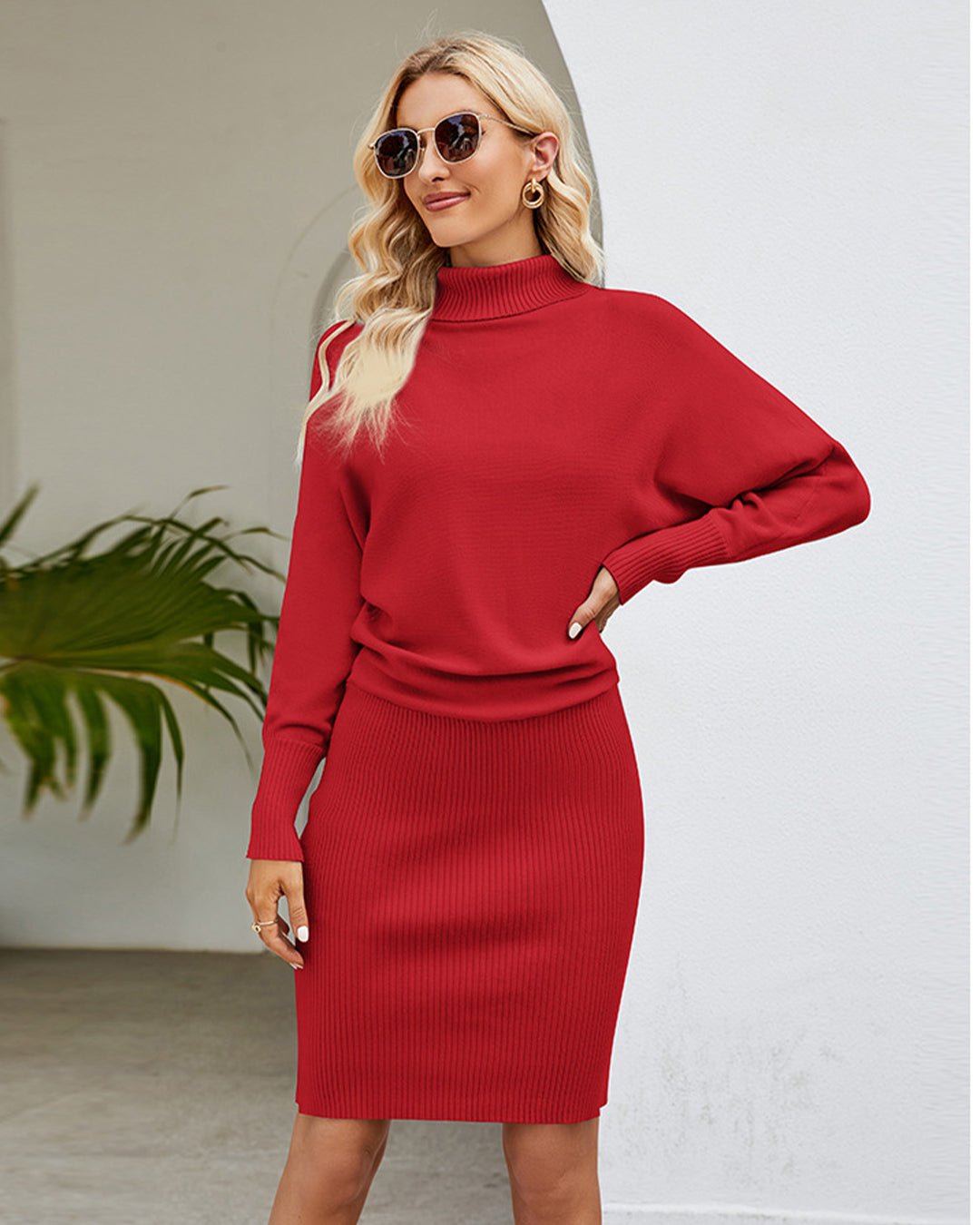 Long Knitted High Collar Sweater Dress S Red 