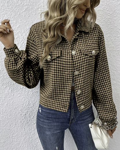 Collared Single Breasted Houndstooth Jacquard Coat S Brown 