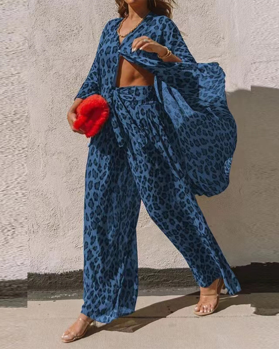 Leopard Print Shirt & Wide Leg Pants Set One Size Blue 