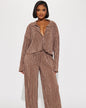 Long Sleeve Pleated Top & Casual Trousers Set S Brown 