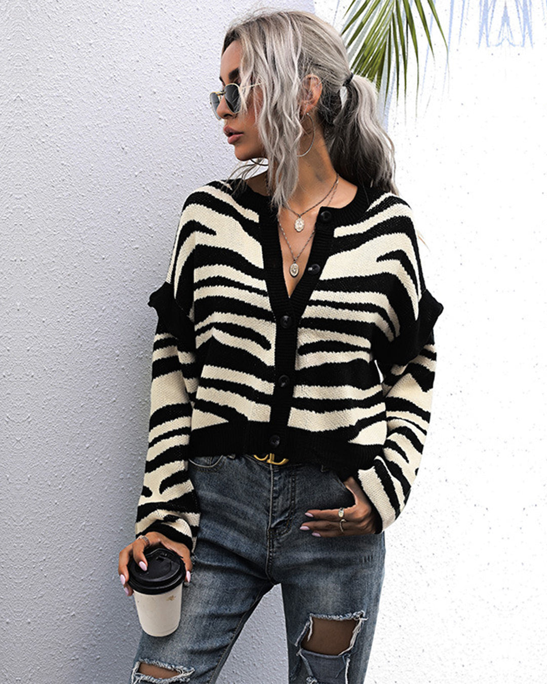 Zebra Pattern Cardigan Knitted Sweater S Black 