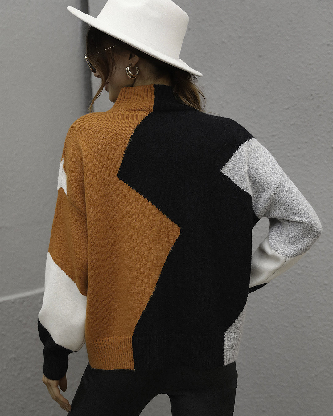 Loose Color Block Crew Neck Pullover Sweater   