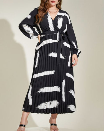 V Neck Pleated Women Dress 0XL Multi 