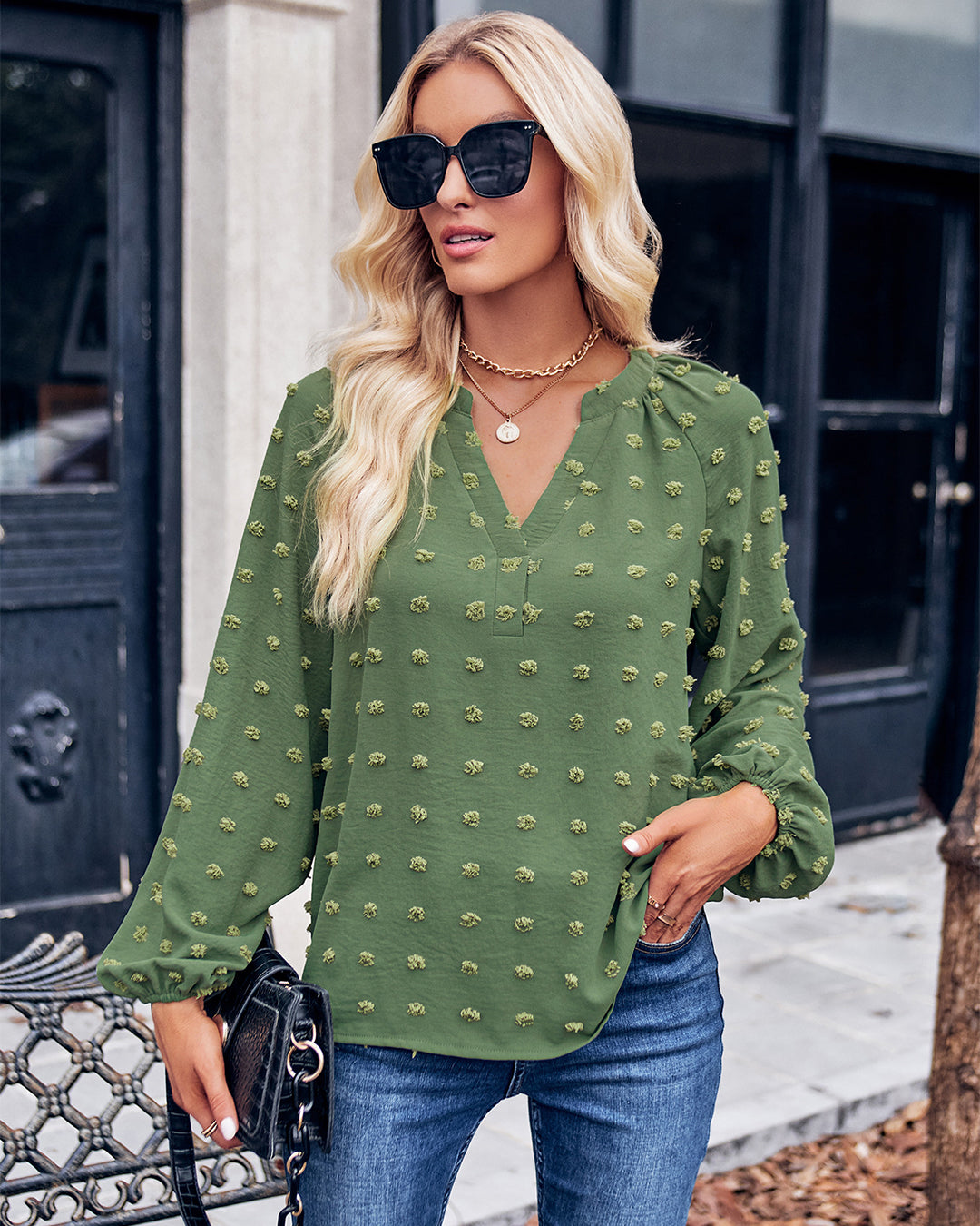 Long Sleeve V Neck Loose Top S Green 