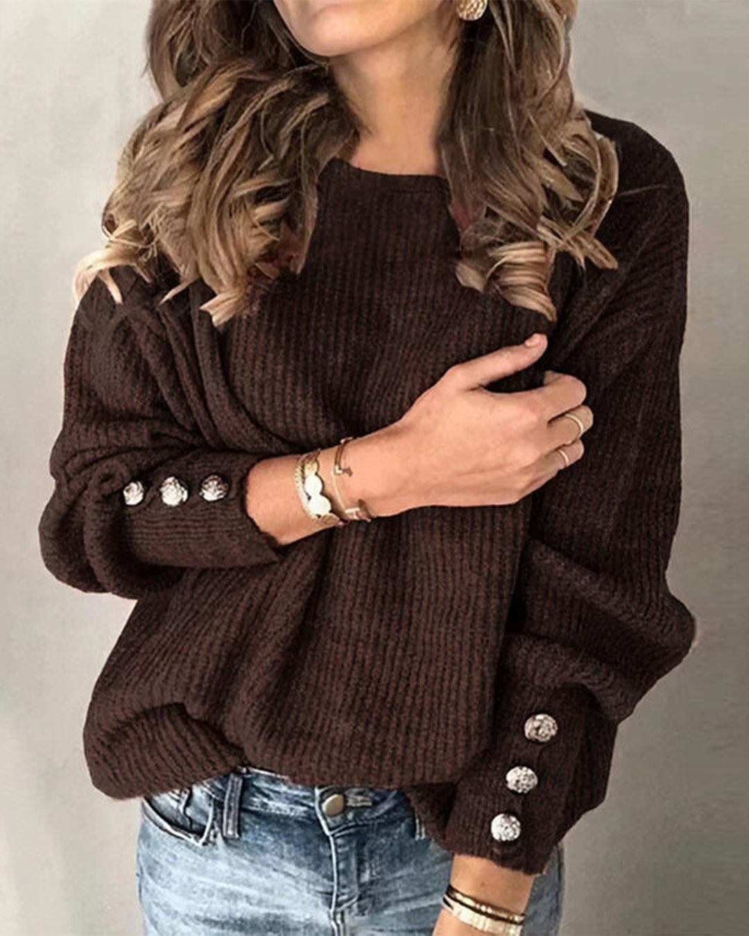 Loose Round Neck Button Sweater S Brown 