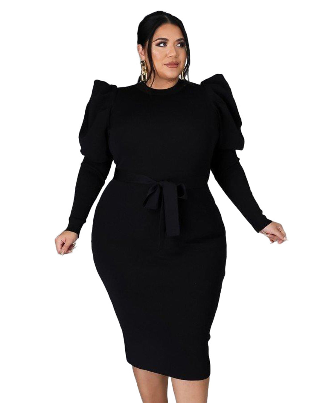 Plus Size Long Sleeve Slim Fit Dress L Black 