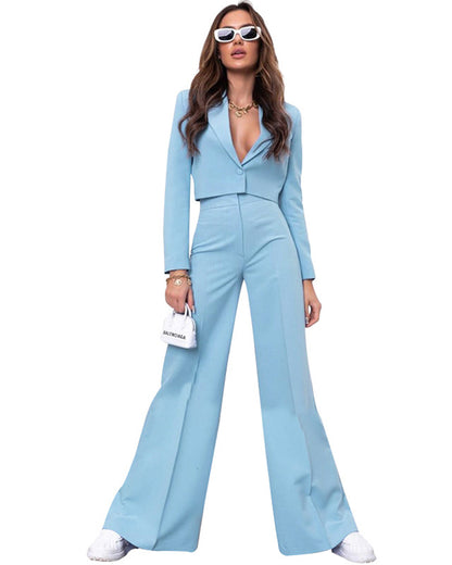 Long Sleeve Top & Wide Leg Pants Set S Skyblue 