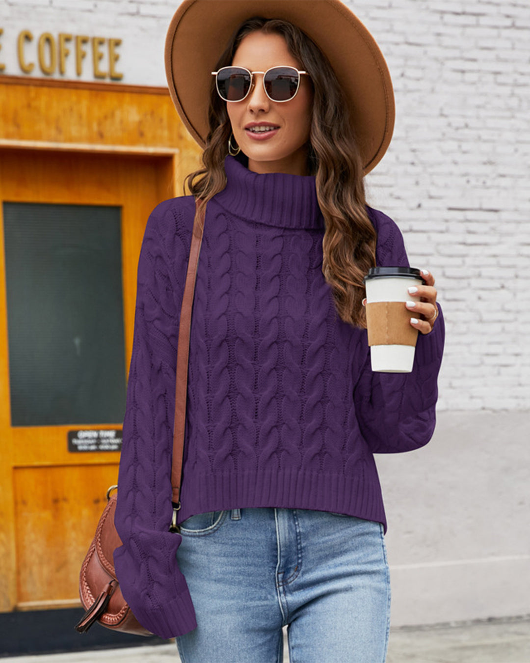 Thick Hemp Floral Turtleneck Sweater S Purple with High Collar Sweater 