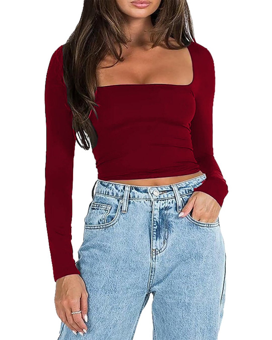 Square Collar Cropped Slim Long Sleeve Top S Burgundy 
