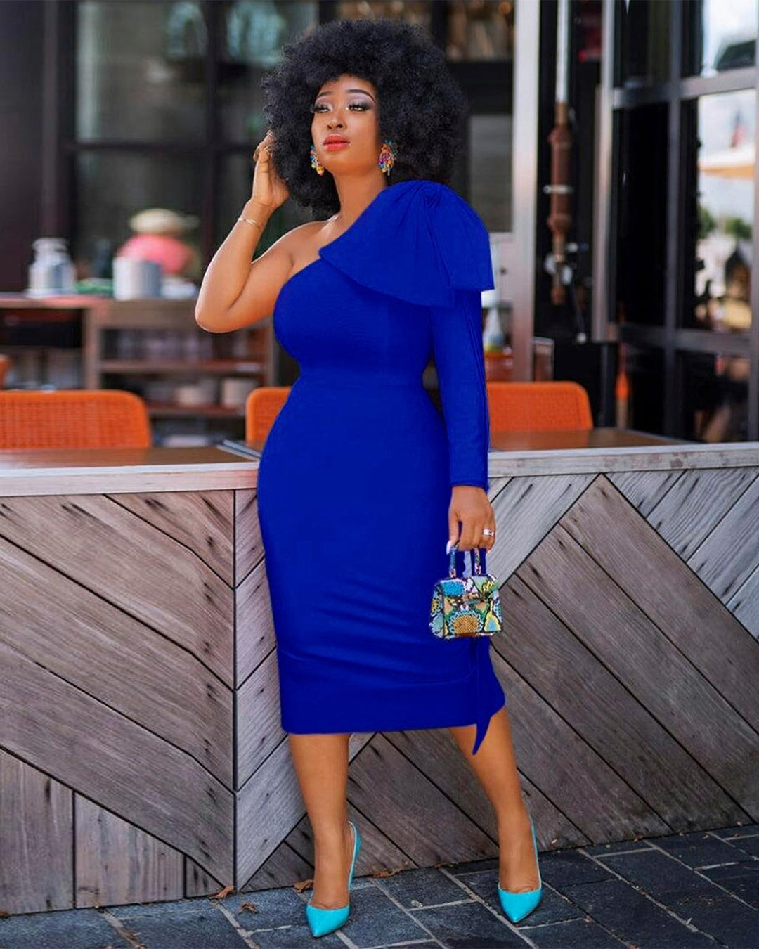 Plus Size Slant Shoulder Slim Hip Dress L Blue 