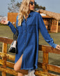 Retro Denim Loose Long Sleeves Frayed Dress S Navy Blue 
