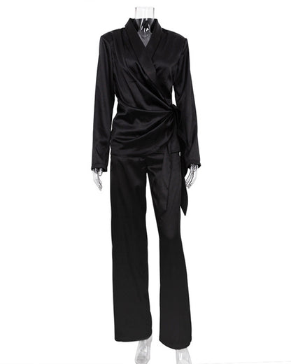 Ice Silk Padded Shoulder Shirt & Trousers Set   