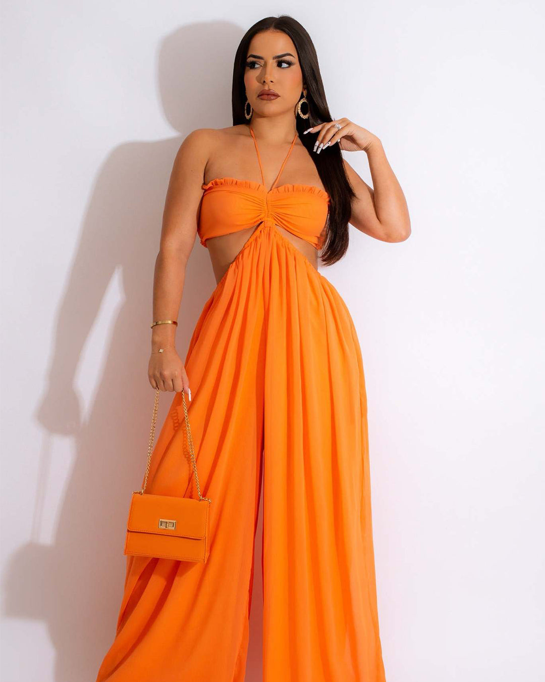 Chiffon Chest Wrapped Jumpsuit S Orange 