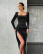 Square Neck Fold High Waist Tuxedo Dress S Black 