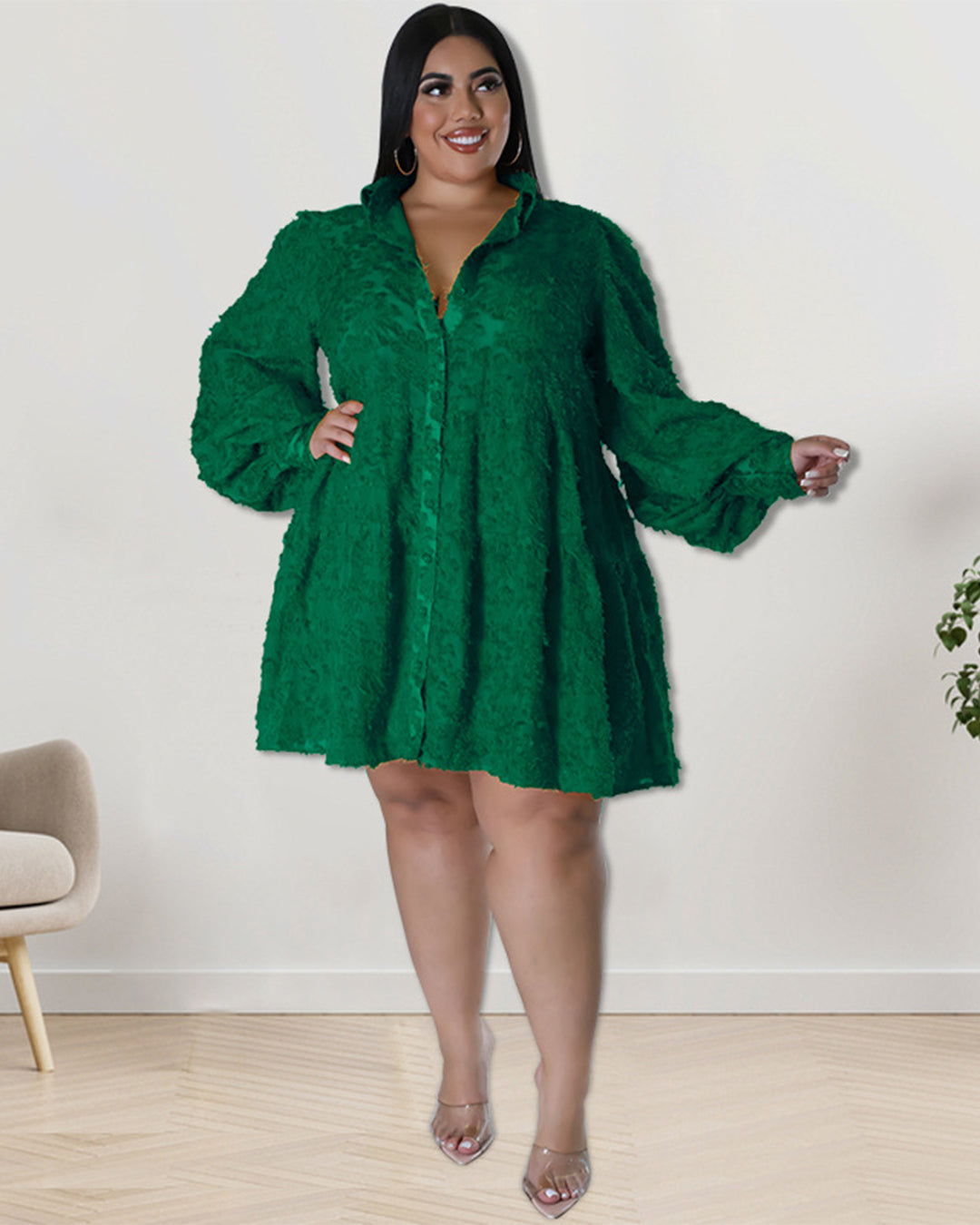 Plus Size Small Chrysanthemum Long Sleeve Dress 1XL Blackish Green 