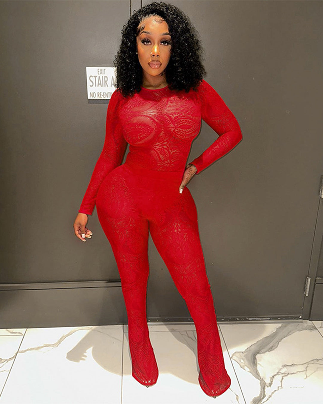 Hollow Cutout See Through Jumpsuit & Trousers Set S Red 