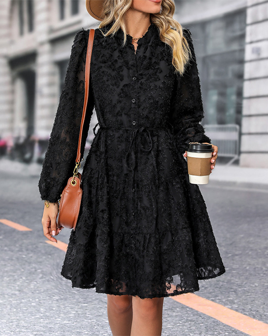 Long Sleeve Belted Button Dress   