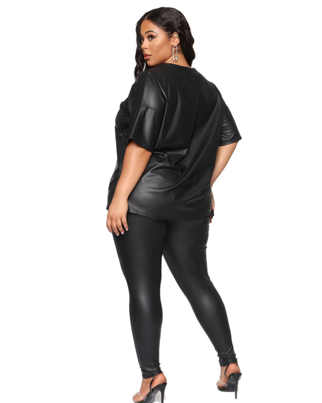 Plus Size Leather Short Sleeve Shirt & Slim Trousers Set   