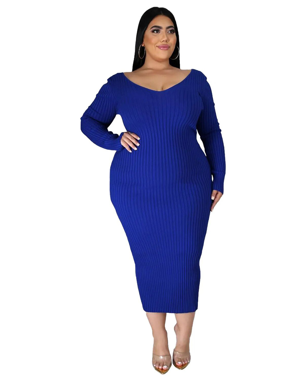 Plus Size Solid Color Knitted Dress Navy Blue L 