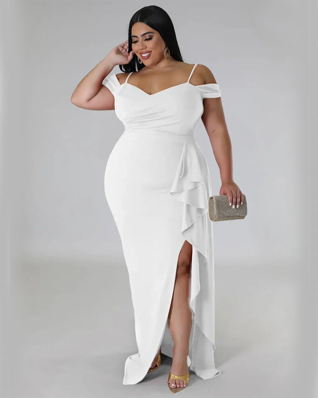 Plus Size Off Shoulder Slip Hem Dress White L 