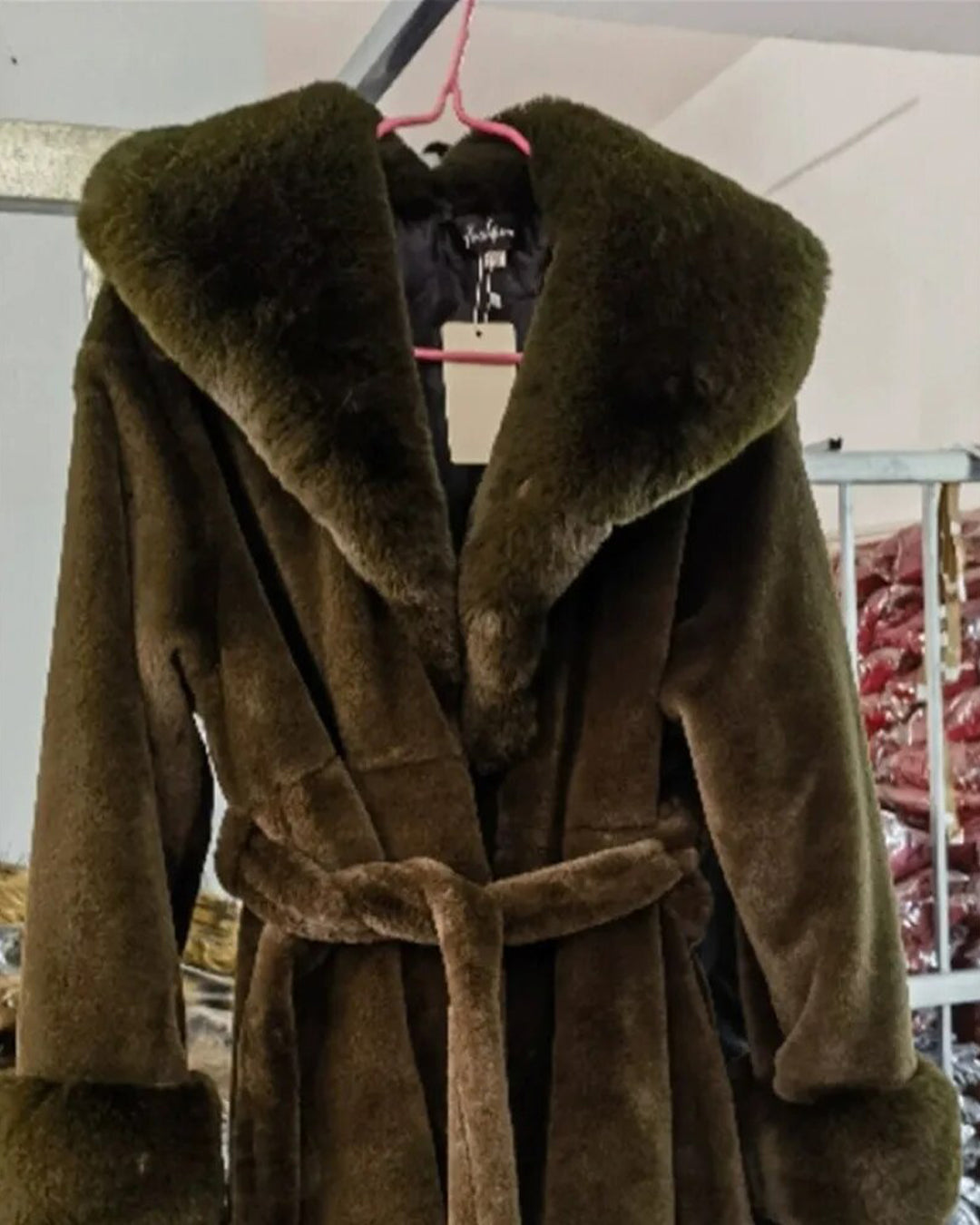 Belted Faux Fur Lapel Coat Brown S 