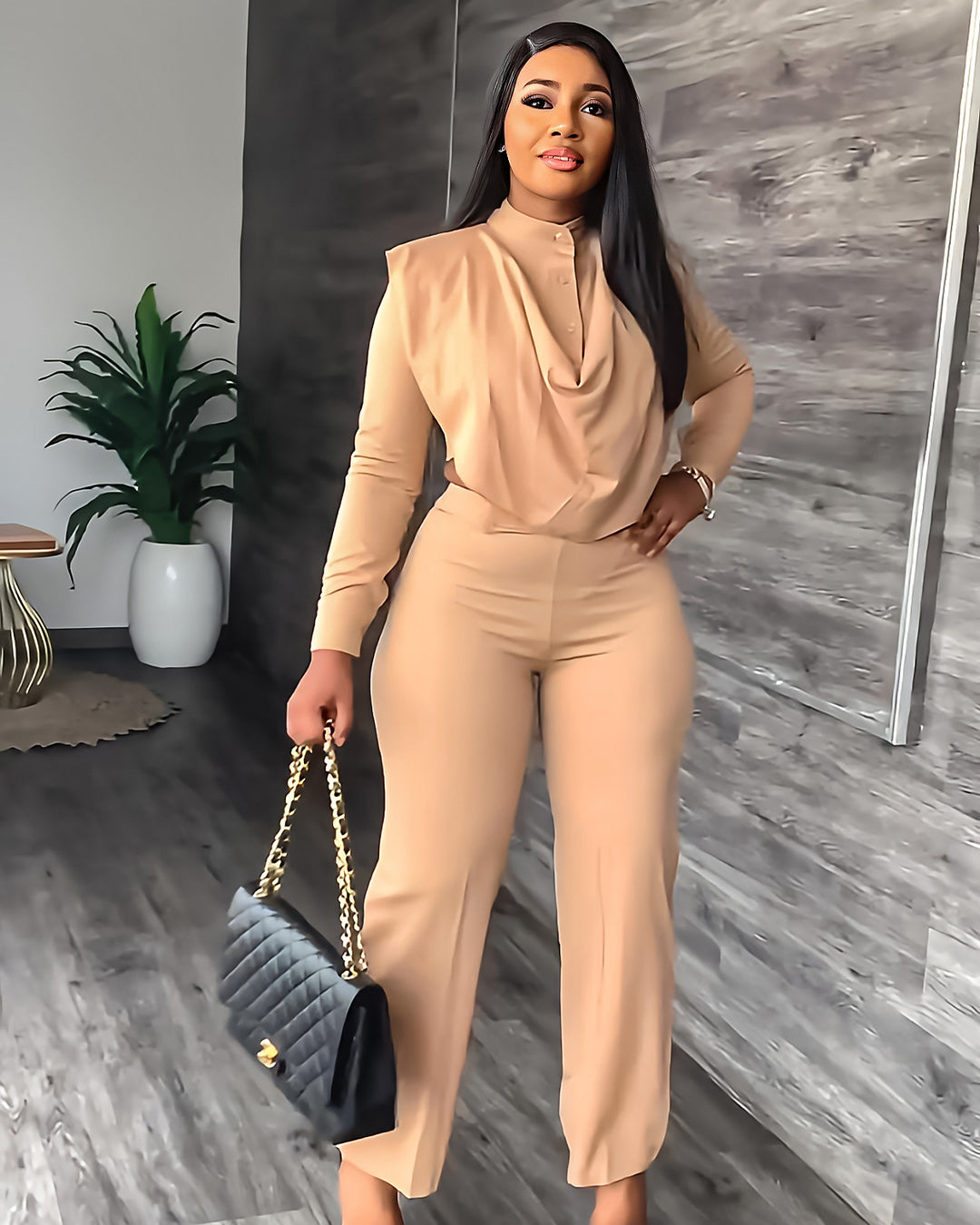 Cardigan Round Neck Top & Slim Trousers Set S Khaki 