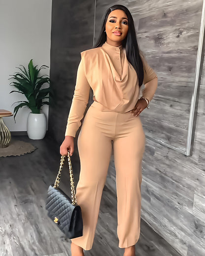 Cardigan Round Neck Top & Slim Trousers Set S Khaki 