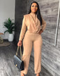Cardigan Round Neck Top & Slim Trousers Set S Khaki 