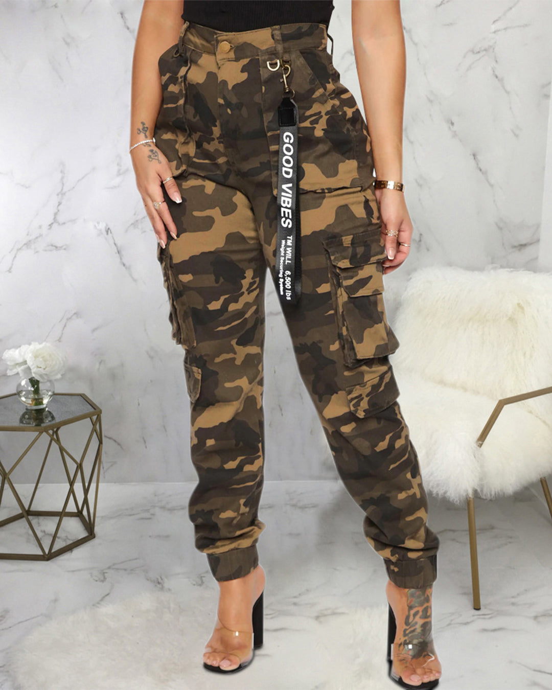 Slim Fit Camouflage Tapered Stretch Trousers S Camouflage Color 