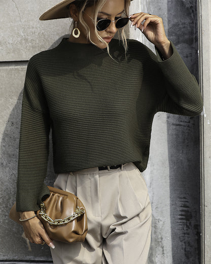 Pullover Loose Fitting Solid Color Sweater S Blackish Green 