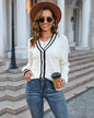 Contrast Color Knitted Cardigan V Neck Sweater S White 