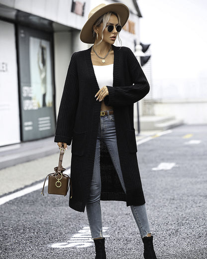 Solid Color Knitted Pocket Coat S Black 