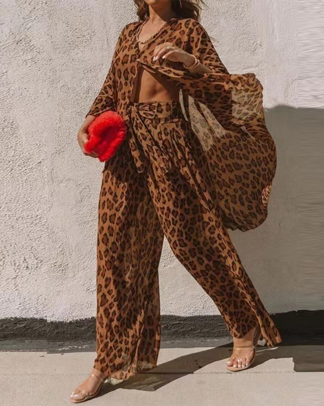 Leopard Print Shirt & Wide Leg Pants Set One Size Leopard 