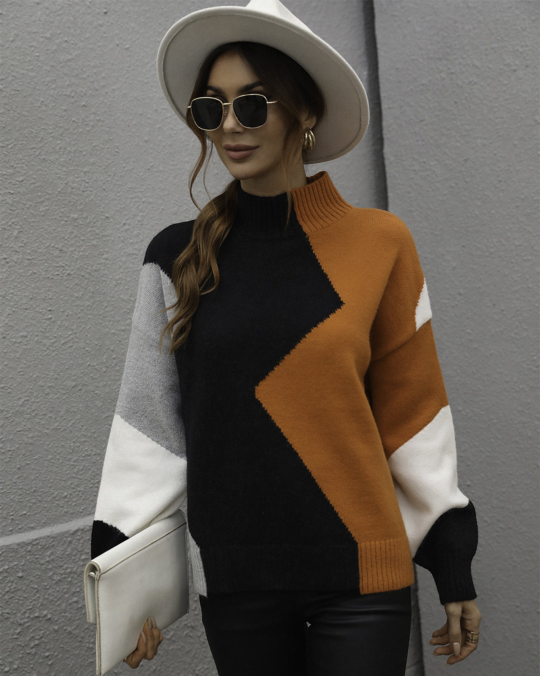 Loose Color Block Crew Neck Pullover Sweater S Orange 