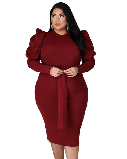 Plus Size Long Sleeve Slim Fit Dress L Burgundy 
