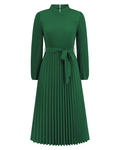 Stand Collar Puff Sleeve Pleated Slim Dress S Green 