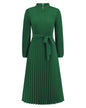 Stand Collar Puff Sleeve Pleated Slim Dress S Green 