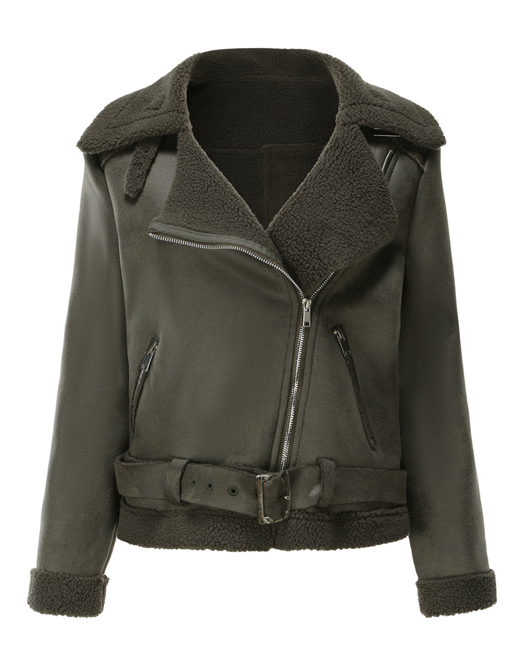 Faux Shearling Suede Fabric Leather Jacket S Army Green 