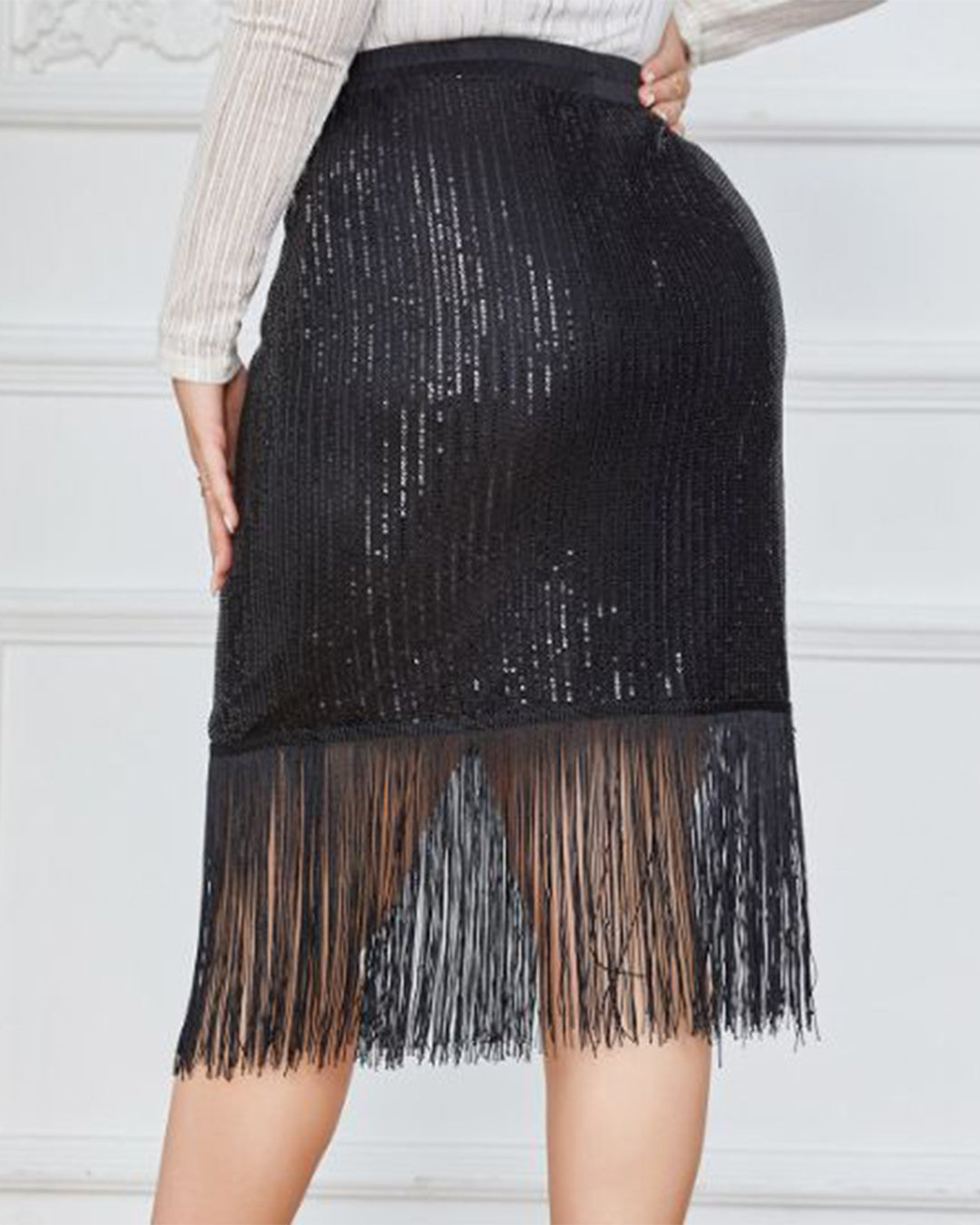 Plus Size High Waist Sequined Tassel Skirt   