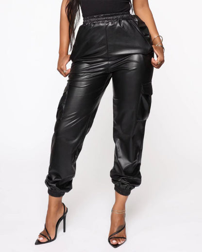 Faux Leather Ankle Tied Loose Leather Pants S Black